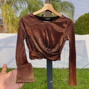 TopShop Metallic Bronze Sleeve Cropped Long Sleeve Top Size 4